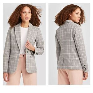A New Day Womens Plaid One‎ Button Long Sleeve Lined Blazer Jacket Gray Size 2